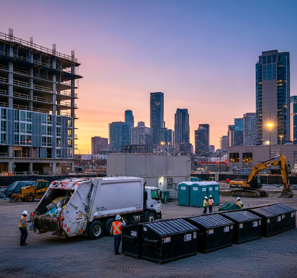 Sanitation Management Photo Sanitation management photo showing a sanitation truck near a construction site.