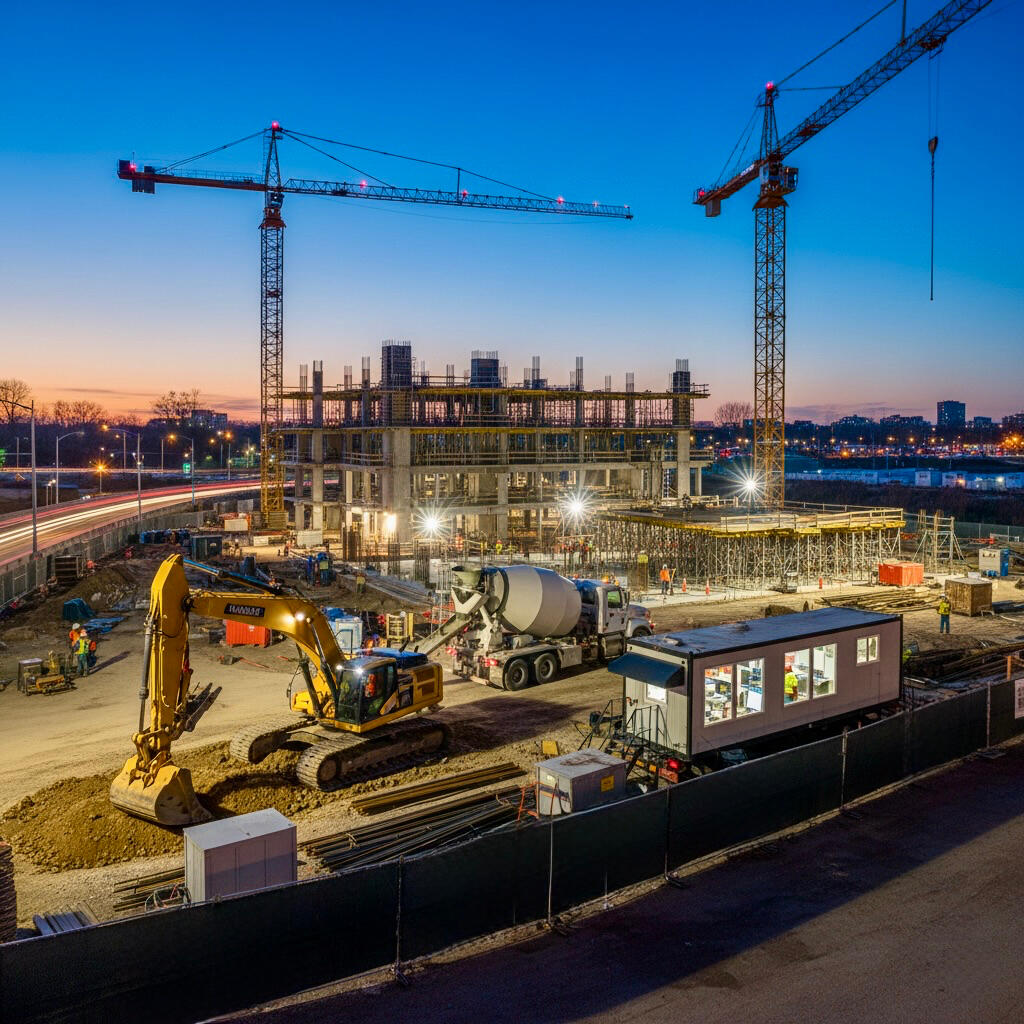 Construction Services Construction site shown at dusk with heavy equipment.